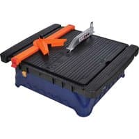 Vitrex Power Max Tile Saw with black ribbed cutting surface, orange guide, and blue base.