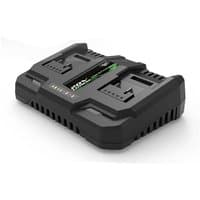 Black Webb 20V 2.4A dual port charger with two charging slots and green LED indicators.