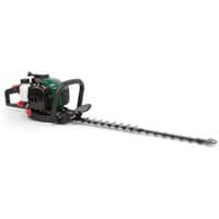 Green and black Webb petrol hedge cutter with long serrated blade and ergonomic handle.