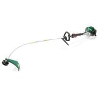 Green and black Webb WELT26 26cc petrol line trimmer with curved shaft and loop handle.