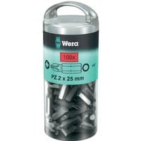Clear plastic container of Wera PZ 2x25mm screwdriver bits, green label, 100 pieces inside.