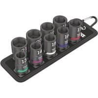 Wera 9-piece impact socket set with color-coded bands on black belt holder, includes sizes 10-19mm.