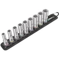 Wera 9-piece long socket set with silver sockets on black belt holder, color-coded bands, and hanging loop.