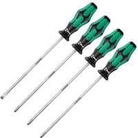 Wera Kraftform Plus LaserTip Screwdriver Set, 4 pieces, black and green handles, long 200mm shafts, SL/PH/PZ tips.