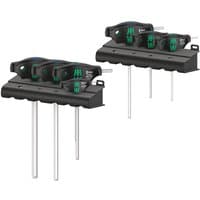 Black and green Wera T-handle Hex-Plus screwdrivers set with holding function, featuring seven pieces in a rack.