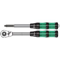 Wera ratchet and handle extension set with black and green ergonomic grips, silver metal shafts, and rotating head.
