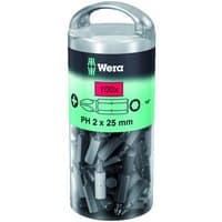 Pack of 100 Wera 850/1Z PH2/25 screwdriver bits in a clear cylindrical container with a green label and handle.