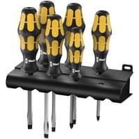 Wera 932/6S Chiseldriver Set with black and yellow ergonomic handles, includes six screwdrivers in a black holder.
