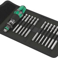 Wera Bicycle Set 2, 13-piece screwdriver set with green and black ergonomic handle and various interchangeable bits in a case.