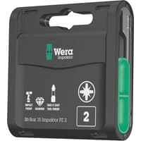 Black Wera Bit-Box with green accents, containing 15 Impaktor Pz2 TriTorsion impact bits, compact and portable design.