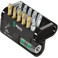 Wera Bit-Check 12 Wood 1 Torsion set with gold and silver bits in black compact holder.