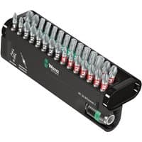 Wera Bit-Check 30-piece set with metal jointing, black case, assorted PZ, PH, TX bits, compact and organized layout.