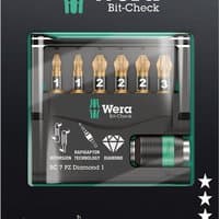 Wera Bit Check 7-piece set with gold diamond-coated bits in black compact case, featuring anti cam-out BiTorsion technology.
