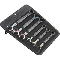 Wera Joker spanner set, 6-piece, with ratchet and double open-end, color-coded, in black fabric pouch.