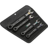 Black Wera Joker spanner set with four sizes, color-coded ends, and open and ratchet ring heads in a black holder.
