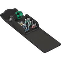 Wera Kraftform Kompakt set with green and black stubby handle, 19 bits in a black folding case.
