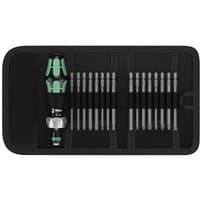 Black Wera ratchet screwdriver set with green handle and 16 interchangeable bits in a compact case.