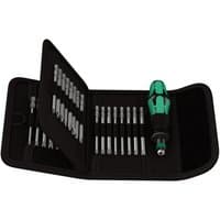 Wera Kraftform Kompakt screwdriver set with green handle and 33 security bits in a black foldable case.