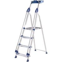 Werner Workstation Platform Ladder, 4 tread, silver with blue accents, sturdy platform, and safety handrails.