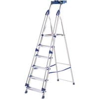 Werner Workstation Stepladder 6 Tread, aluminum frame, blue accents, tool tray on top, non-slip feet.