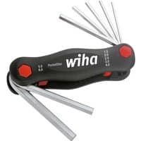 Black Wiha Pocketstar hex key set with red accents, seven foldable silver Allen keys ranging from 1.5mm to 6mm.