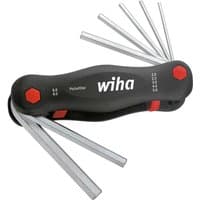 Black Wiha Pocketstar hex key set with seven silver Allen keys ranging from 2mm to 8mm, foldable design.