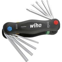 Wiha Pocketstar 9 Piece Key Set with black handle, fold-out hex, Phillips, slotted, and Torx keys.
