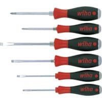 Wiha Softfinish screwdriver set with red and black handles, includes slotted and Phillips tips, six pieces.