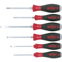 Wiha Softfinish 6-piece screwdriver set with red and black handles, includes slotted and Pozi heads with hex bolsters.