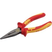 Red and yellow XP1000 VDE long nose pliers, 160mm, with insulated handles and pointed metal tips.