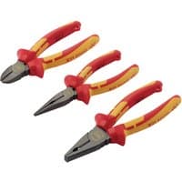 Red and yellow XP1000 VDE pliers set, tethered, includes three pieces with insulated grips and metal jaws.