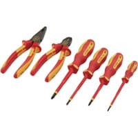 Red and yellow XP1000 VDE screwdriver and pliers set, includes four screwdrivers and two pliers with insulated handles.