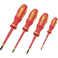 Red and yellow XP1000 VDE screwdriver set, four pieces with ergonomic handles and insulated shafts.