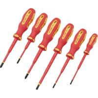 XP1000 VDE Slimline Screwdriver Set with red insulated handles and yellow accents, six varying sizes.