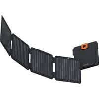 Foldable black Xtorm SolarBooster 28W solar panel with four segments and orange accent on the corner.