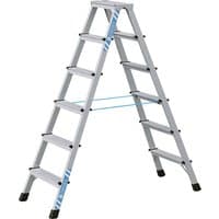 Aluminum ZARGES double-sided ladder, 2 x 6 steps, black rubber feet, blue safety straps.