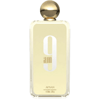 Clear glass bottle of Afnan Perfumes 9AM Eau de Parfum, gold cap, white "9AM" text, 100ml size.