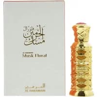 Al Haramain Musk Floral Perfume Oil 12ml in ornate gold bottle with red cap, next to white box with Arabic script.