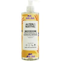 Clear bottle of Alter/native by Suma Patchouli & Sandalwood hand wash, 400ml, with pump and colorful label design.