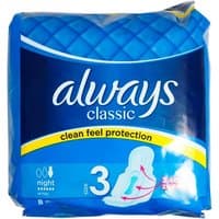 Blue Always Classic Night sanitary pads pack with quilted design, size 3, 8 pieces, clean feel protection label.