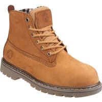 Tan Amblers Ladies FS103 safety boot with Goodyear welt, padded collar, and metal eyelets.