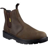 Brown Amblers men's pull-on safety dealer boots with elastic side panels, reinforced toe, and durable black sole.