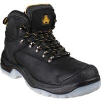 Black Amblers FS199 antistatic hiker safety boots with yellow accents, metal eyelets, and rugged sole.