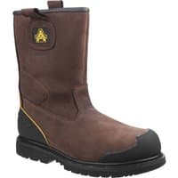 Brown Amblers pull-on safety boots with black toe cap, Goodyear welted sole, and waterproof leather finish.
