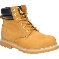 Tan Amblers FS7 Goodyear welted safety boots with black padded collar and yellow laces.