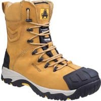 Tan waterproof safety boots with black toe cap, rugged sole, and lace-up design by Amblers.