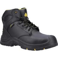Black Amblers Safety AS303C boot, lace-up, metal-free, with reinforced toe, yellow accents, and rugged sole.