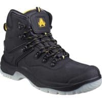 Black Amblers Safety FS198 boots with yellow accents, padded collar, and durable rubber sole.