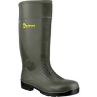 Green Amblers Safety FS99 Wellington boot with ribbed design, yellow logo, and black sole.