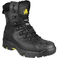 Black Amblers Safety FS999 hi-leg boots with composite toe, lace-up front, and rugged yellow-accented sole.